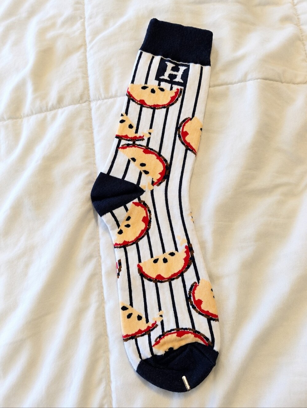 Novelty Apple Slice Crew Socks White & Navy Striped "H" Design NWT